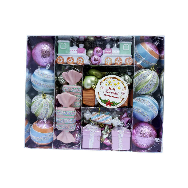 Caja de decoraciones navideñas colores pasteles 8 cm